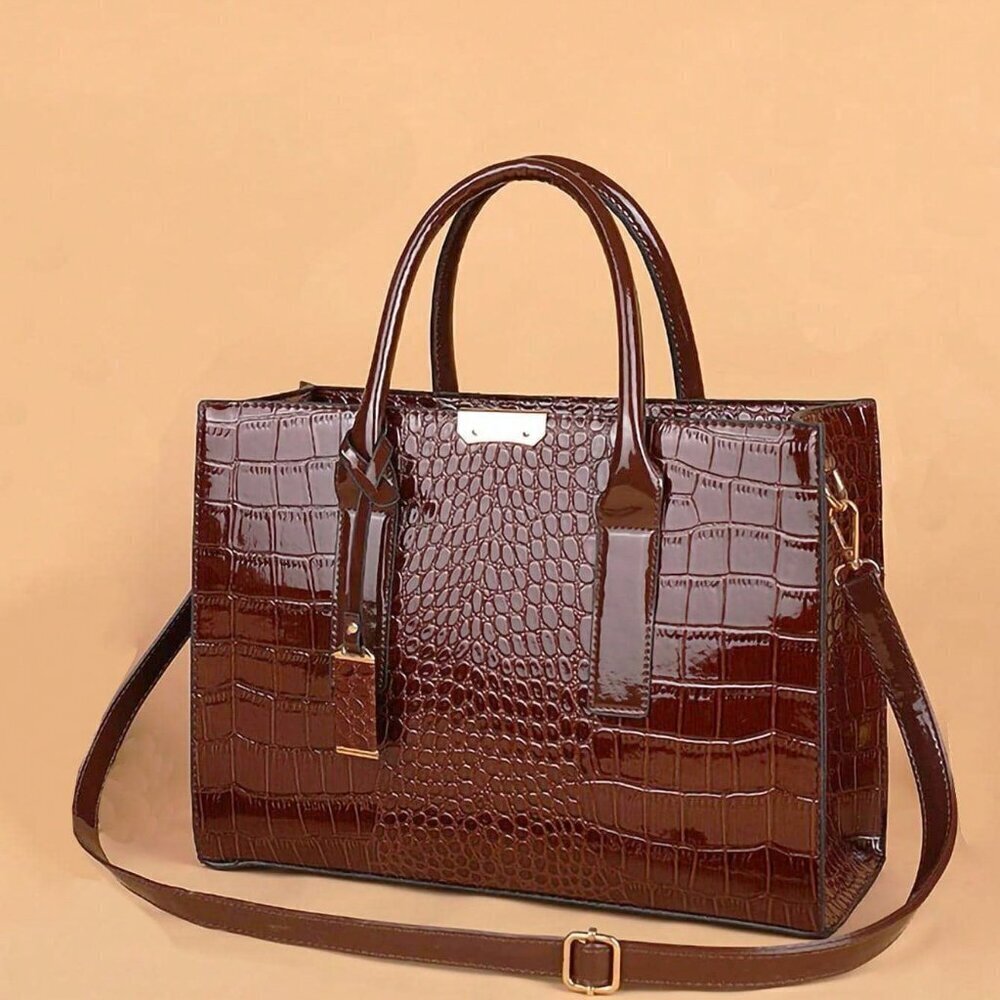 Brown Fashionable Women's Double Handle Crocodile Embossed Polyurethane Bag